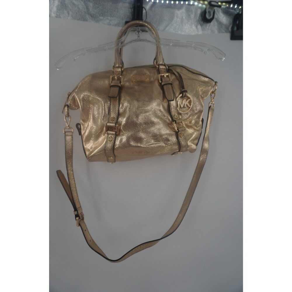 Michael Kors Metallic Gold Leather Satchel Crossbody Front Buckles MK Medallion - Picture 3 of 8